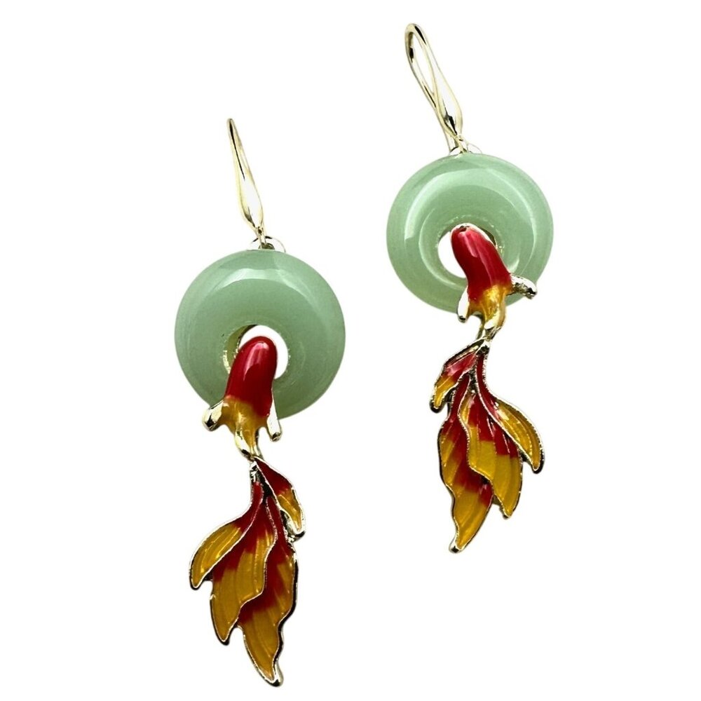 Green Jade Enamel Koi Fish Pierced Earrings Pierced Gold Plated 2" Chandelier
